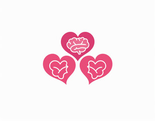 Logo design, two or three hearts combined with the brain shape to form logo elements for love and creativity on a white background