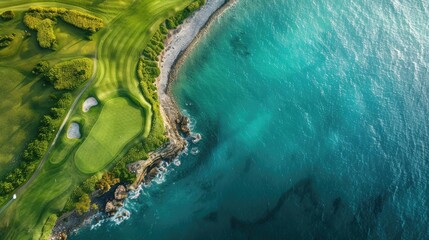 aerial view of the green of the golf course with blue sea realistic