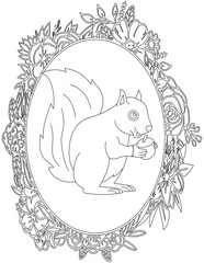 Squirrel in A Floral Frame Coloring Page. Printable Coloring Worksheet for Kids. Educational Resources for School and Preschool.