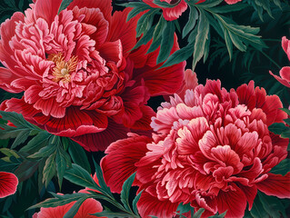 Seamless red peony flowers pattern, spring wallpaper design. Generative ai
