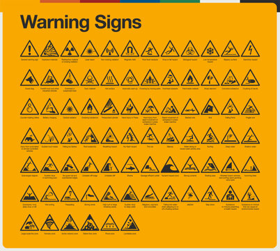 International set signs symbols ISO 7010. Used in industrial applications public buildings. Prohibited, Mandatory, Warning, Fire, Safe, First Aid. Print stickers posters, books and more