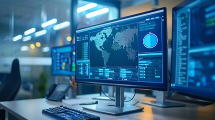 Naklejka premium Several monitors and computers are arranged neatly in an office setting, indicating a busy workspace