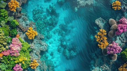 Fototapeta premium Aerial view of a vibrant coral reef teeming with diverse marine life, clear waters, wide angle, bright daylight