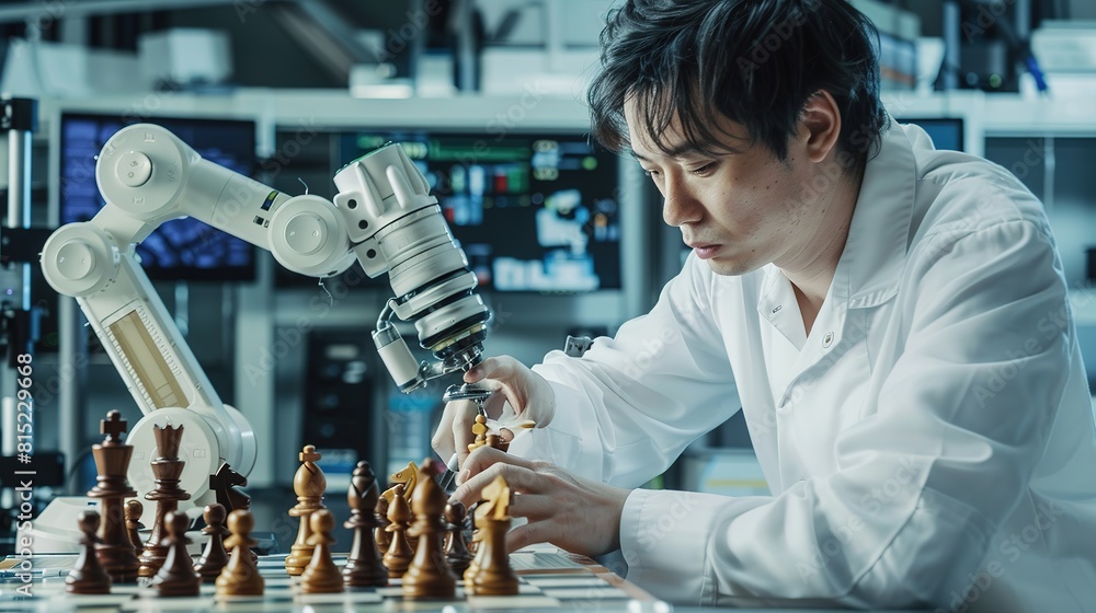 Poster professional japanese development engineer is testing an artificial intelligence interface by playin