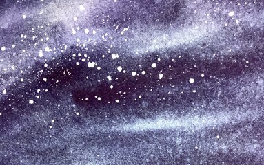 Watercolor space background. Starry sky ink texture. Blue, purple, green splashes. Copy space for banner, poster, backdrop for text, textures design art work or skin product. High resolution.