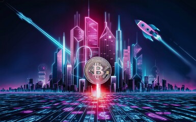 Bitcoin neon-lit cityscape