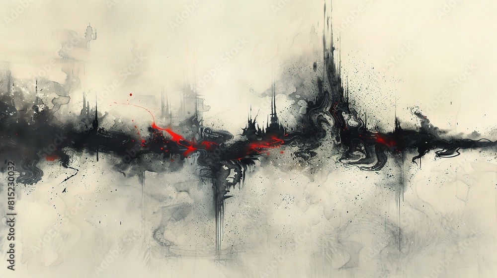 Poster textured scene with red and black ink splashes resembling frosty patterns on a window, set against a