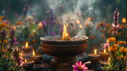 summer solstice ceremony, during the summer solstice rituals, the air is infused with the scent of burning herbs and incense, evoking a mystical ambiance