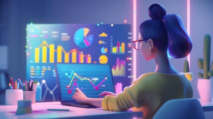 3d logo of a female in front of a laptop on a desk, the screen has charts and graphs  