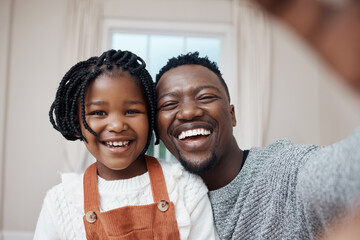 Black man, selfie and young daughter with smile for happiness, love and support at home. Single...