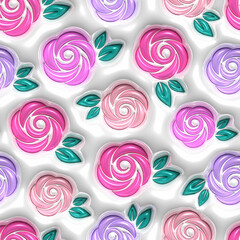 Pink 3D inflated Floral Roses pattern. Seamless Tileable Pattern. Endless texture for wallpaper, packaging, wrapping paper and etc.