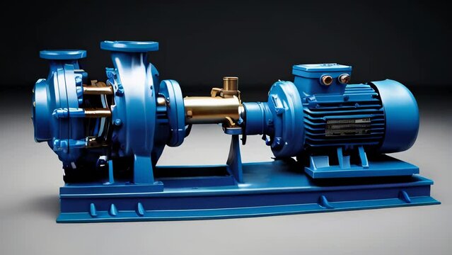 Blue industrial water pump with asynchronous electric motor on a dark background