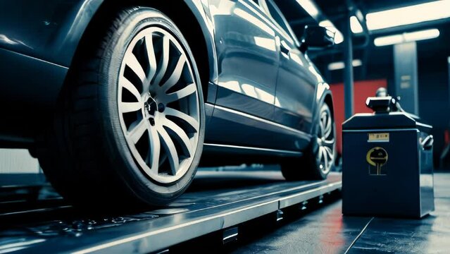 Wheel alignment equipment on a car wheel