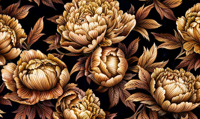 Realistic golden peonies and leaves pattern, fantasy floral wallpaper. Generative ai
