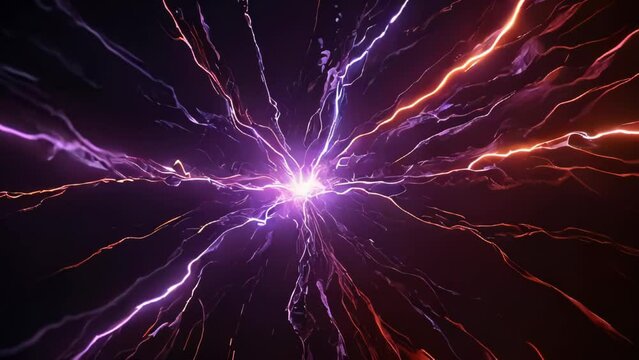 beautiful violet red abstract magical energy electric cosmic fiery shiny luminous lightning, lines, stripes with sparks on a red background