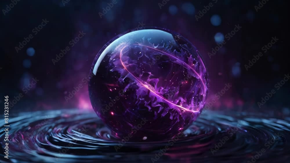 Poster abstract purple energy round sphere glowing with particle waves hi-tech digital magic abstract backg
