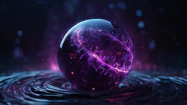 Abstract purple energy round sphere glowing with particle waves hi-tech digital magic abstract background