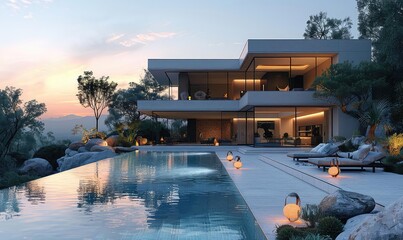 Backyard modern swimming pool with smart home technology integration, evening, warm lighting, side angle