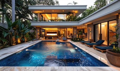 Backyard modern swimming pool with smart home technology integration, evening, warm lighting, side angle