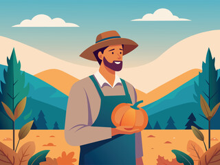 Man farmer holding ripe pumpkin during harvesting in autumn. Flat vector cartoon character illustration. stock illustration