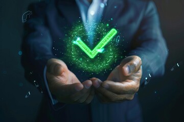 businessman holding glowing green check mark hologram digital compliance and certification concept