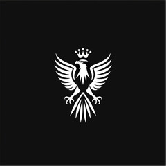 logo, minimalistic design of the eagle with crown in an abstract  on black background, white lines, simple vector logo, flat and clean, professional