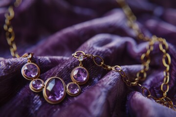 Exquisite amethyst necklace gracefully arranged on luxurious purple silk fabric, highlighting the rich gold tones and sparkling gems.

