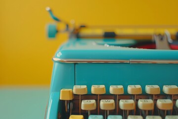 Bright blue retro typewriter on a vibrant yellow background, embodying a nostalgic yet trendy vibe for creative writing and vintage decor.

