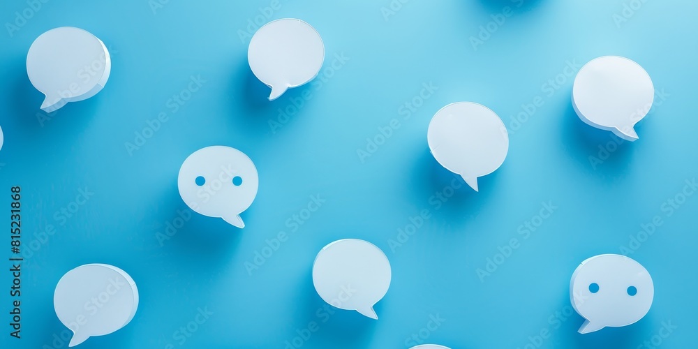 Poster 3d rendering of a blue background with white speech bubbles of different sizes and angles.