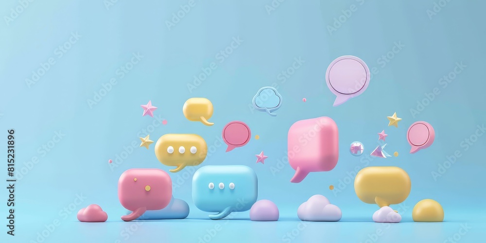 Poster 3d rendering of a group of speech bubbles in pastel colors on a blue background.