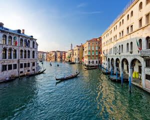 Grand Canal, Venice with View of the river and city historical architecture. with gondolas in Venice, Italy. in winter time.