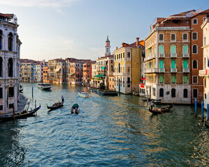 Grand Canal, Venice with View of the river and city historical architecture. with gondolas in Venice, Italy. in winter time.