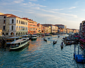 Grand Canal, Venice with View of the river and city historical architecture. with gondolas in Venice, Italy. in winter time.