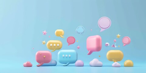 3D rendering of a group of speech bubbles in pastel colors on a blue background.