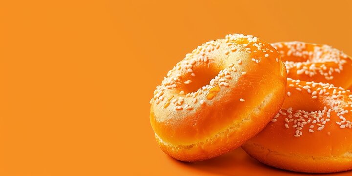 Two delicious donuts with sesame seeds on an orange background.