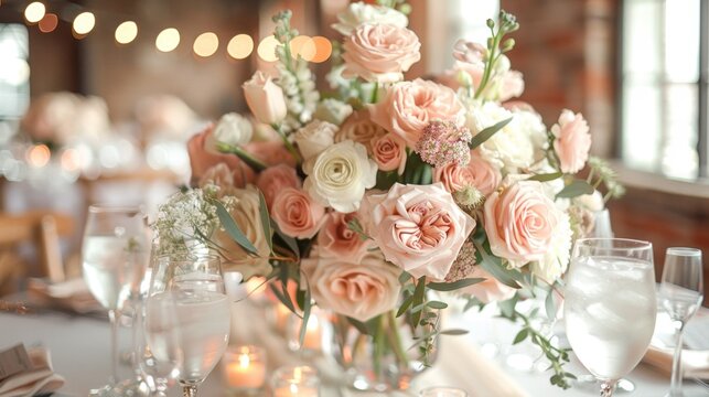 soft wedding decor, blush pink and ivory color scheme in a minimalist loft wedding decor gives a romantic ambiance for an intimate celebration