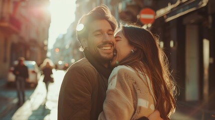 Fototapeta premium beautiful young couple embracing and smiling while walking, couple in love having fun in the city