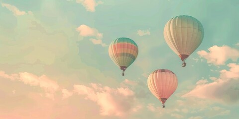 Obraz premium Hot air balloons in pastel colors floating in a cloudy sky.