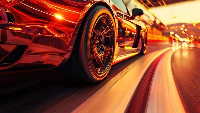 Red sports car speeding on road at sunset with motion blur