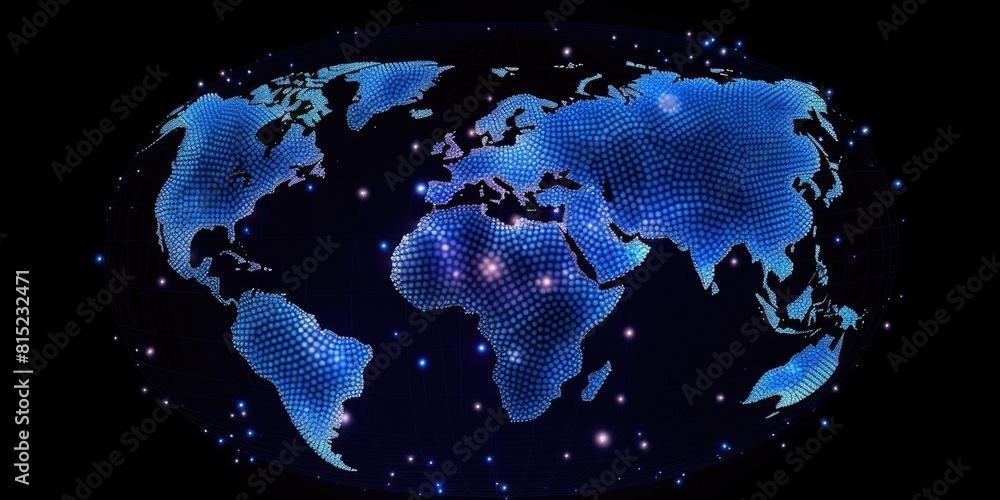 Poster glowing digital world map on a dark background with sparkling light points. global communication and