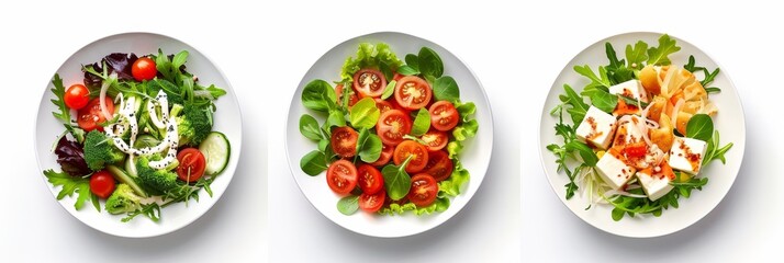 Three plates of salad with lettuce, cucumber, tomato and egg.