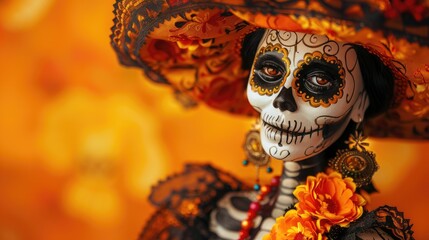 A traditional La Catrina doll adorned in ancient attire as a classic Day of the Dead symbol stands out against a vibrant orange backdrop embodying the spirit of this beloved Mexican celebrat