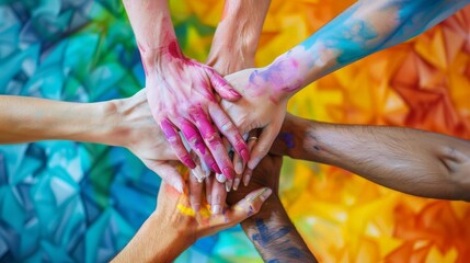 people with paint joining hands together, teamwork success, Design art concept abstract contemporary modern background, rainbow pride 