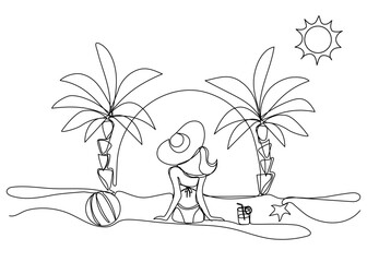 Woman sitting on a summer beach in continuous one line art style. Vacation concept. Simple vector illustration