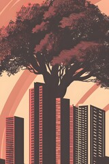 conceptual image about the balance between nature and civilization; concept of progress and balance; a giant tree next to skyscrapers