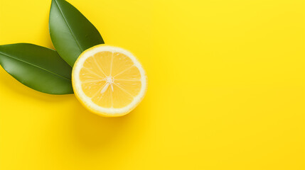 one lemon half slice and two green leaf top view on yellow background
