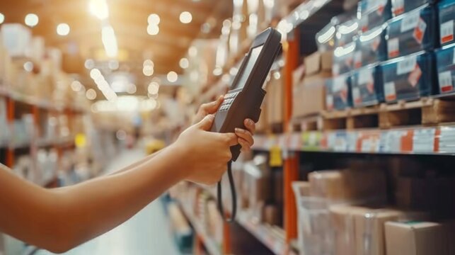 Handheld Mobile Computer & Bar Code scanner. Portrait woman holding bar code scanner checking goods in warehouse factory. import export shipping logistics industrial transportation concept