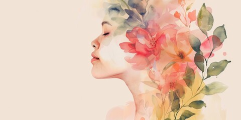 Graceful watercolor portrait of a woman with flowers.