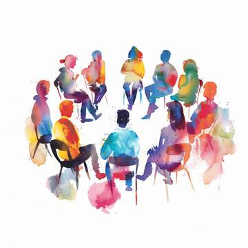 Minimalistic watercolor of participating in group discussions and study groups on a white background, cute and comical.