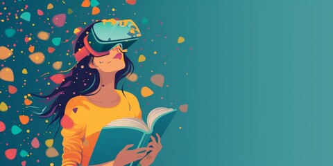 The illustration shows a woman wearing a VR headset and reading a book. She is surrounded by colorful confetti.